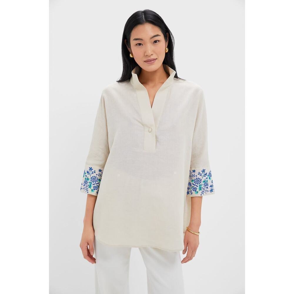 TUCKERNUCK Tan Floral Cuff Cotton Linen Willow Blouse Size L NWT